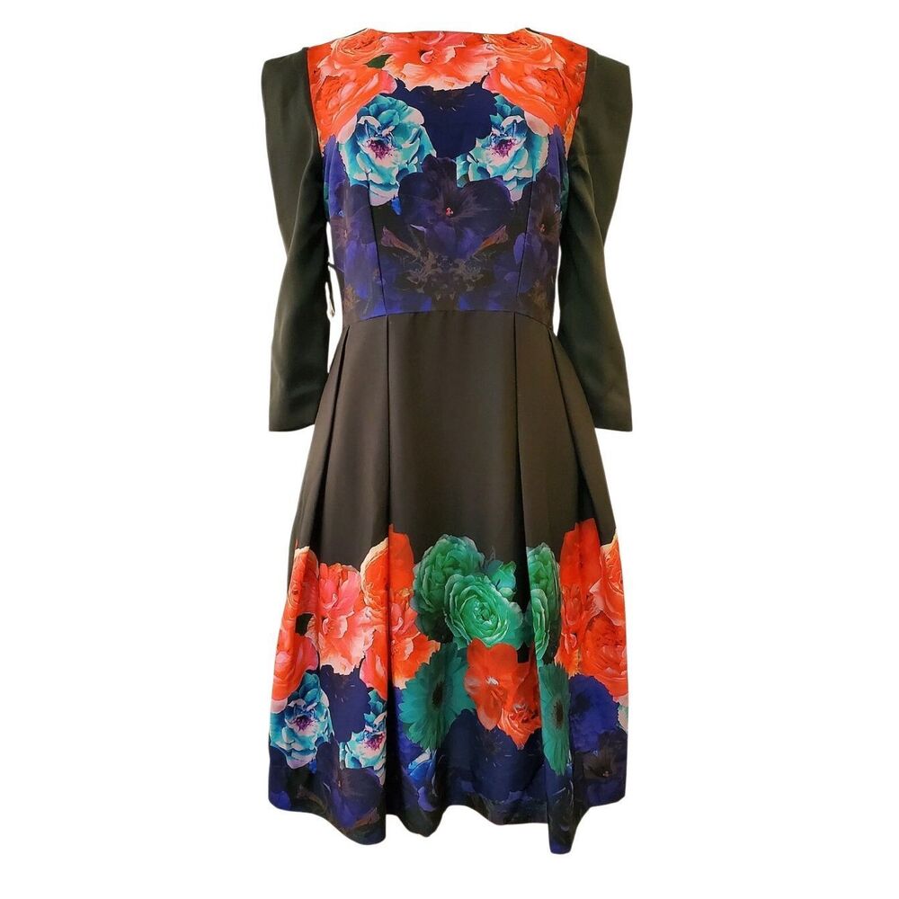 Wolf & Whistle Womens‎ Floral 3/4 Sleeve Pleated Dress Multicolor Size 6 NWT